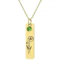 Detailed macro view of a gold rectangular pendant with green gemstone and poppy etching - August - Poppy