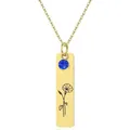 Macro view of gold bar pendant necklace with blue gemstone and flower engraving - September - Morning Glory