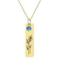 Gold rectangular pendant necklace with blue gemstone and floral engraving on thin chain - December - Holly Berry