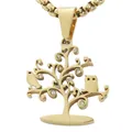 Golden Tree of Life necklace pendant with two owls and sparkling white zircon stones - Pendant Only (Without Chain) / Gold