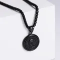 Punk style matte black stainless steel Queen Elizabeth coin pendant with box chain necklace - Pendant Only (Without Chain) - Black