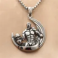 Mens crescent moon pendant with bodybuilding figure lifting dumbbells in steel finish - Silver Pendant Only (Without Chain)