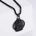 Black stainless steel Buddha pendant necklace with radiant halo and lotus base for men - Pendant Only / Black