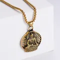 Detail of vintage gold Buddha pendant necklace showing intricate engraving on white stand - Gold (Pendant Only)