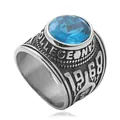 Detail of vintage college ring with blue faceted stone and 1968 engraving - US Size 8 / Steel Blue Stone