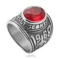 Detail of vintage college graduation ring with red faceted stone and 1968 embossing - US Size 8 / Steel Red Stone