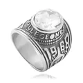 Macro detail of retro college ring featuring engraved 1968 and large round crystal stone - US Size 8 / Steel Color White Stone