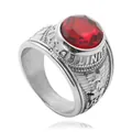 Detailed view of military style steel ring with red gemstone and United States eagle relief - US 8 / Steel Red Stone