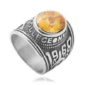 Detailed close-up of vintage steel ring with yellow gemstone and 1968 college engraving - US Size 8 / Steel Yellow Stone