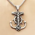 Punk style stainless steel nautical necklace featuring anchor, helm, and crucifix pendant - Silver Pendant (No Chain)