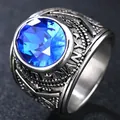 Vintage stainless steel ring for men with large round blue gemstone and Germany engraving - US 7 / Germany Style Steel Tone Blue Stone (GERMANY)
