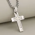 Close-up of double-layer stainless steel cross pendant with polished and brushed finish - Silver Pendant Only (Without Chain)