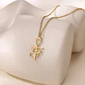 Golden titanium steel necklace with Egyptian Ankh cross and Eye of Horus pendant for women - Egyptian Style Necklace / Gold