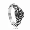 Vintage stainless steel rose flower ring with antique silver finish and leaf patterns - US 7 / Antique Silver