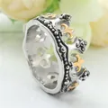 Vintage stainless steel crown ring with gold fleur-de-lis patterns and beaded edge detail - US Size 7 / Gold and Silver Two-tone