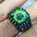 Anello punk vintage in acciaio al titanio con occhio del male verde e finitura ossidata - US 7 / Argento Retrò Occhio Blu Cielo