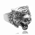 Vintage punk tiger head ring for men in polished stainless steel with retro finish - US 7 / Antique Silver