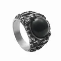 Punk vintage titanium steel bat ring with black stone inlay and carved silver band - US 7 / Vintage Silver With Black Stone