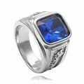 Detailed side view of vintage titanium steel ring with a large square blue gemstone - US 7 / Vintage Silver Blue Gemstone