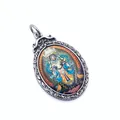 Macro view of vintage titanium steel pendant with painted Thangka art and scrollwork - Zaki Lhamo Style (01) / Pendant Only (Without Chain)