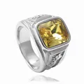 Macro detail of men's vintage steel ring with a large square yellow gemstone and carvings - US 7 / Vintage Silver Yellow Gemstone