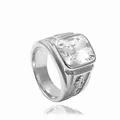 Detail of square clear crystal ring with intricate dragon relief on silver band - US 7 / Vintage Silver White Gemstone