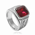 Vintage stainless steel ring featuring a square red faceted stone and relief patterns - US 7 / Vintage Silver Red Gemstone