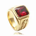Detailed view of men's gold signet ring featuring a large red square-cut stone and side relief - Gold Red