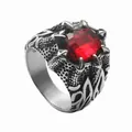Detailed view of punk dragon claw ring with large faceted red stone in silver steel - US 7 / Antique Silver Red