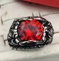Retro punk dragon claw ring with a large round red gemstone in stainless steel finish - US 7 / Vintage Silver (Red Zirconia)