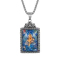 Retro titanium steel rectangle pendant with Buddhist Mahakala deity on thick metal chain - Steel Blue Dzambhala Pendant Only (Without Chain)