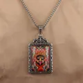 Vintage titanium steel Thangka pendant with colorful divine art on champagne silk - Style B (Rectangular Deity) / Necklace Length 70