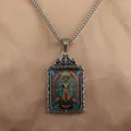 Detailed relief engraving on the vintage titanium steel pendant with colorful thangka art - Style A (Rectangular Buddhist) / Necklace Length 70