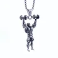 Retro stainless steel dumbbell bodybuilder pendant with square grid link chain - Pendant And Long Chain