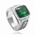 Vintage stainless steel ring for men with square emerald green stone and relief - Vintage Silver Green Gemstone