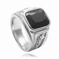 Vintage men's silver stainless steel ring with a large square faceted black stone inlay - Vintage Silver Black Gemstone