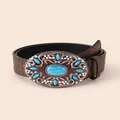 Vintage bohemian faux leather belt with turquoise buckle and floral embossing - 105cm / Brown