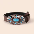 Cintura in PU marrone scuro stile western con fibbia vintage e pietra turchese - 105cm / Marrone