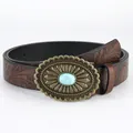 Cintura vintage in pelle marrone con goffratura floreale e fibbia turchese - 110cm / Marrone