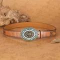 Vintage western leather belt for women featuring turquoise blue and pearl buckle - Bronze / 115cm