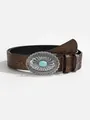 Cintura vintage in pelle marrone con motivi floreali e fibbia in metallo turchese - 110cm / Argento