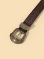 Vintage bohemian brown leather belt with embossed floral patterns and bronze buckle - 105cm / Tan