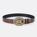 Vintage brown crocodile pattern PU leather belt with bohemian turquoise buckle for women - Brown Crocodile Pattern Large Buckle