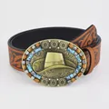 Cintura western in pelle marrone con fibbia vintage, cappello da cowboy e pietre blu - 110cm / Cuoio