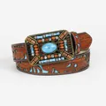 Vintage brown leather belt with embossed floral patterns and blue turquoise buckle - Wood Beads