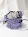 Purple faux leather belt with Western bull pattern and blue heart rhinestone buckle - Double Heart Rhinestone Buckle (Bull Head Print) / Purple (Sapphire Heart)