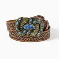 Vintage brown leather belt for women with embossed floral texture and ornate turquoise buckle - Orange Red / 105cm