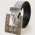 Retro PU-Ledergürtel mit floral gravierter Metallschnalle und ethnisch bedrucktem Band - Klee