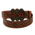 Vintage caramel brown embossed leather belt for women with bohemian bronze buckle - Chocolate / 105cm