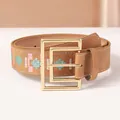 Vintage embroidery belt with geometric patterns and large gold metal buckle - 105cm / Amber